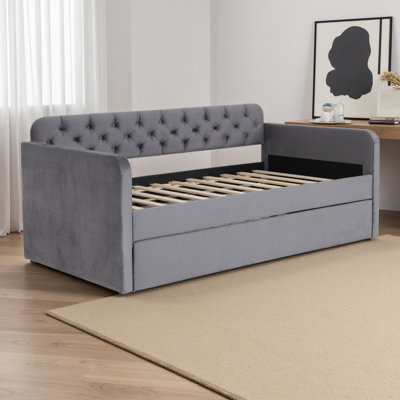 Lit de jour simple rembourré avec lit gigogne et conception de chargement USB, structure de lit de jour rembourré en velours, canapé-lit simple pour la chambre du salon