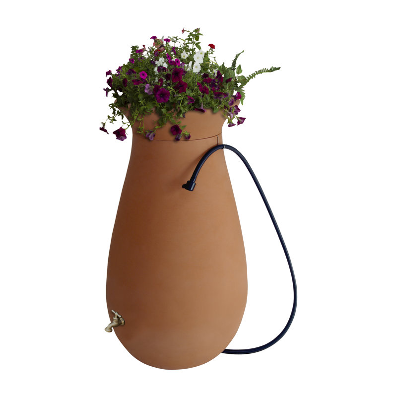 Terracotta 65 Gallon Plastic Rain Barrel with Planter Top