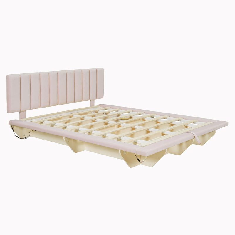 Grand lit flottant moderne en velours avec lumières DEL et port USB, Rose