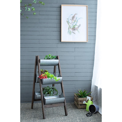Jardinière pliable galvanisée et en bois 14,2 po x 7,5 po 70,9 po pour le jardinage vertical - présentez vos précieuses fleurs, cinq seaux sur cadre, teinte brun-gris, style rustique, décor extérieur Haven Faux ou Live