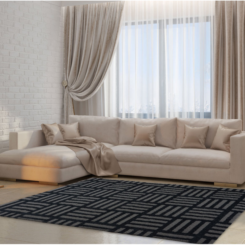 Gris abstrait/tapis décoratif noir Ramey, Rectangle 7 pi 8 po x 10 pi 5 po