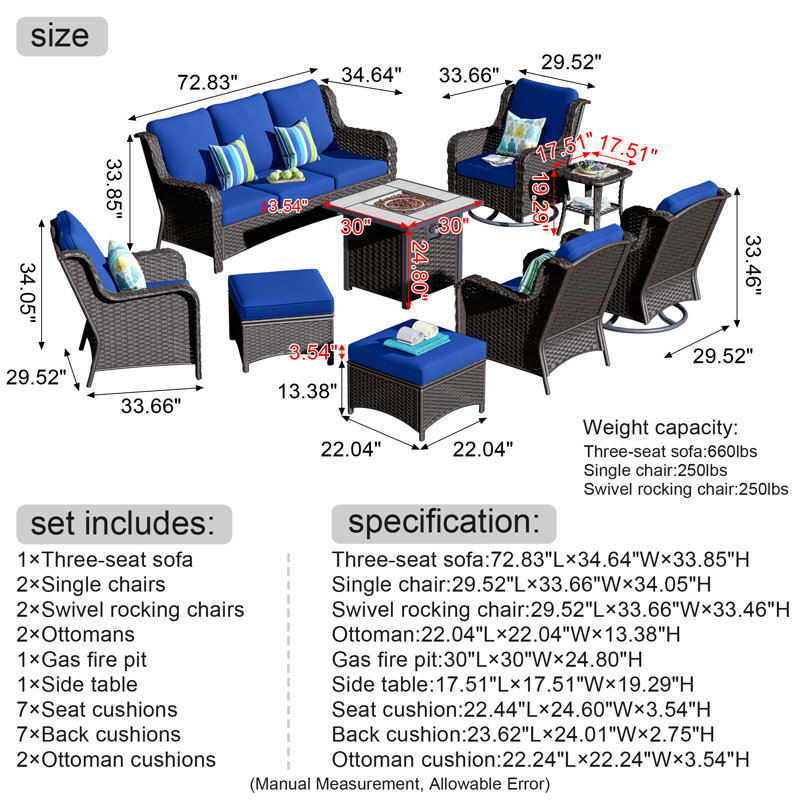Cracraft Wicker 7 - Person Patio Conversation Set with Cushions, Navy Blue, Brown