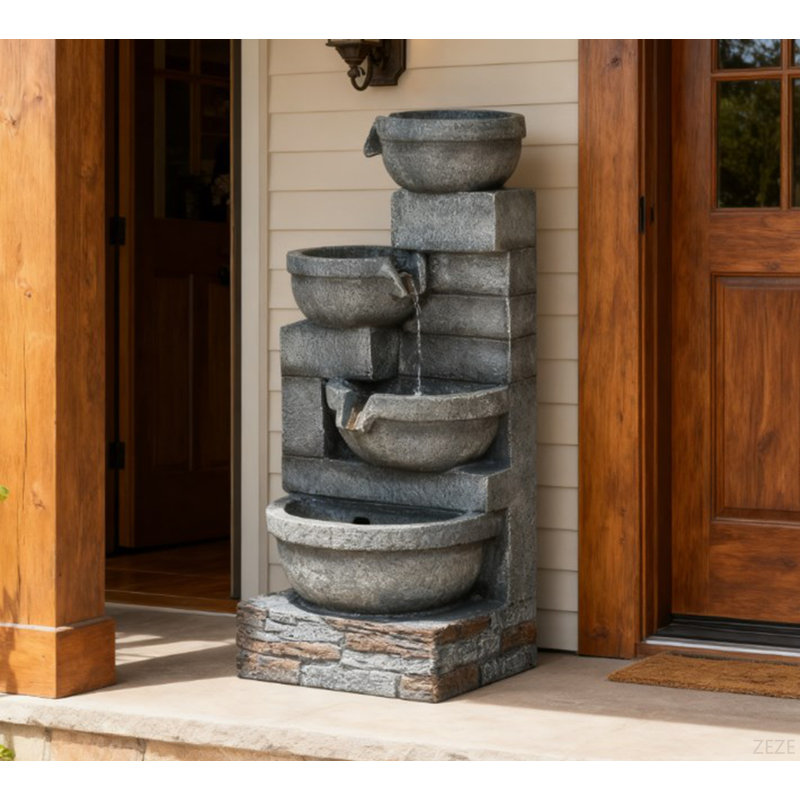 Garden Fountain,Tall Outdoor Waterfall Fountain With LED Lights, 4-Tier Resin Cascading Water Bowls With Pump