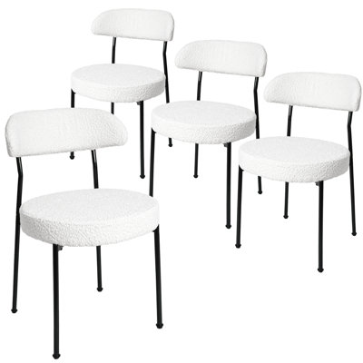 White Boucle Dining Chairs - Armless Accent Chairs With Curved Backrest & Black Metal Legs, Set Of 4
