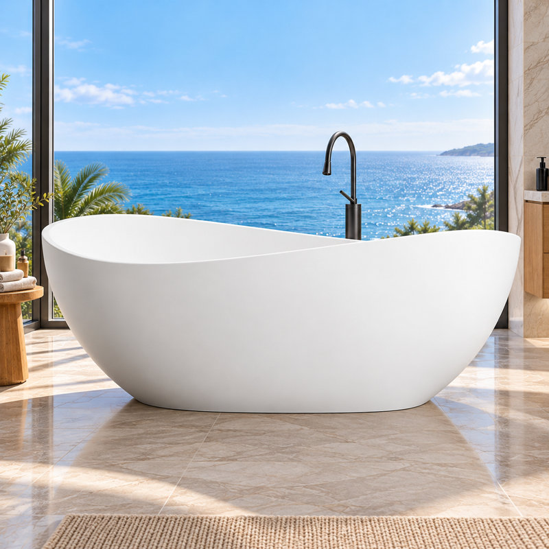 Baignoire îlot profonde KAKUSIGA 63 po, en résine de pierre blanche mate, avec trop-plein et bonde escamotable.