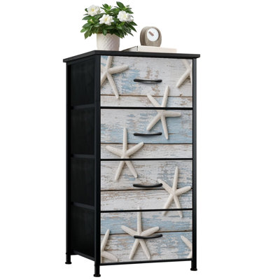 Commode pour la chambre à coucher avec 4 tiroirs de rangement Étoile de mer blanche Commode à planches de bois bleu blanc vieilli Commode en tissu avec cadre en acier pour hall d'entrée