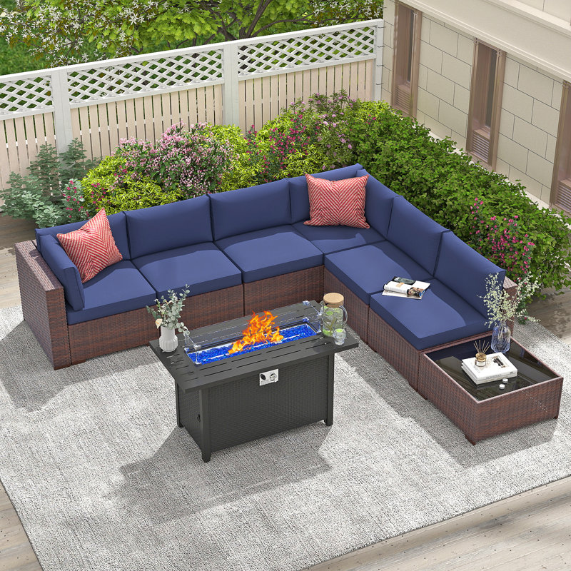 Wicker 6 - Person Modular Patio Conversation Sets With Cushions, Navy Blue Cushion/Brown Frame