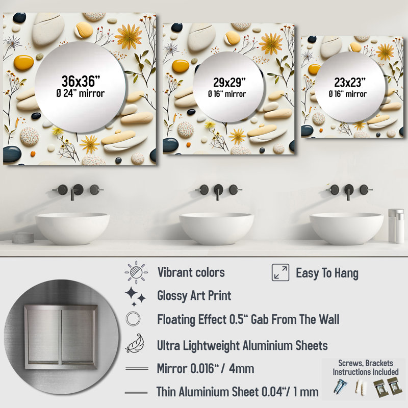 23" Square Floral Zen Pattern Aluminum Mirror