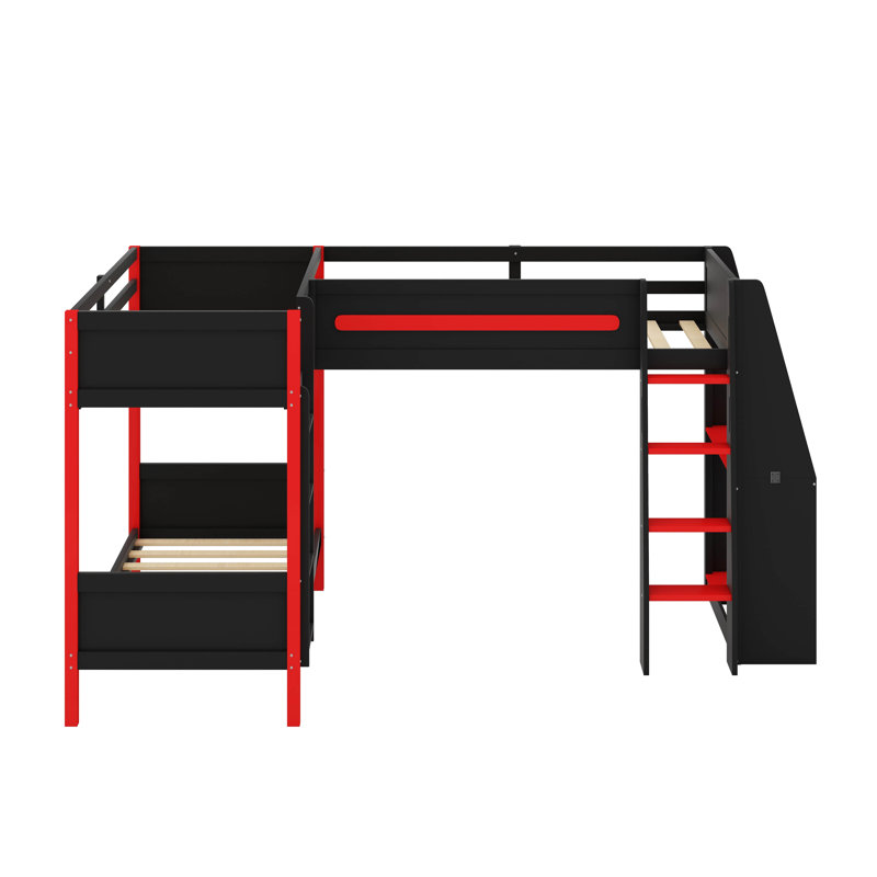 Lit superposé triple Gaming avec bureau, éclairage à DEL et tablettes de rangement, structure de lit superposé simple en L avec 3 lits