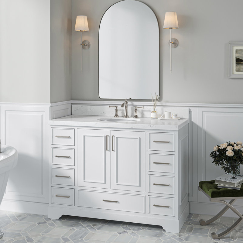 Ensemble de meuble-lavabo simple 48,25 po avec plateau en quartz Abshire, Blanc