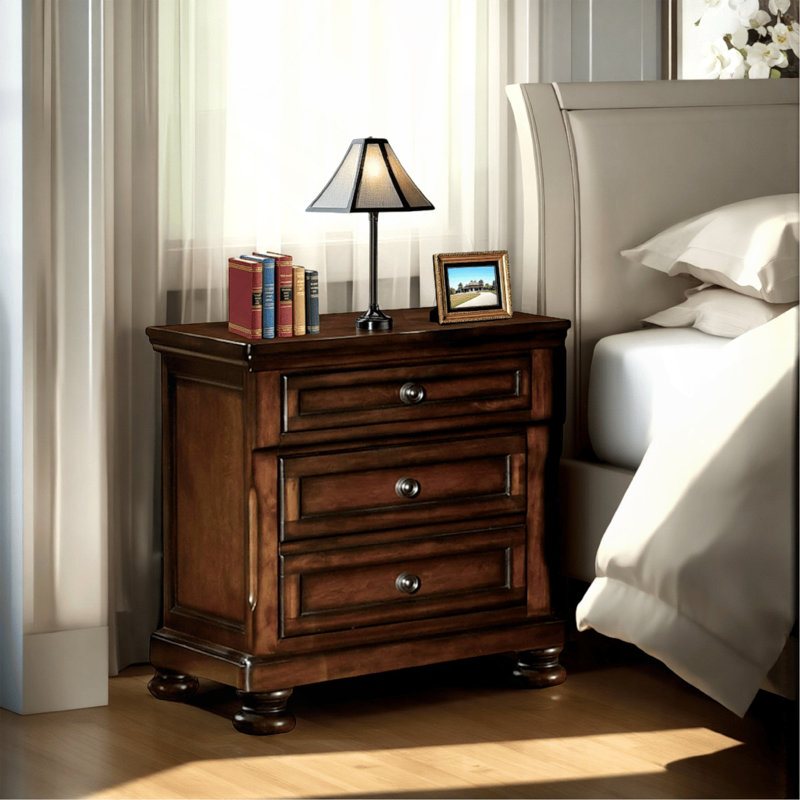Table de chevet classique en bois avec 2 tiroirs brun