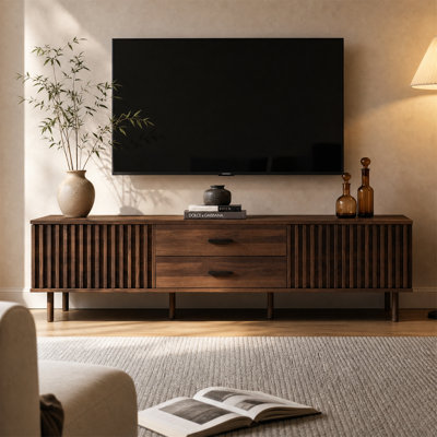 70.8“ Fluted Modern TV Stand for 80" TVs, Media Console with Storage & Solid Wood Legs, Dark Brown