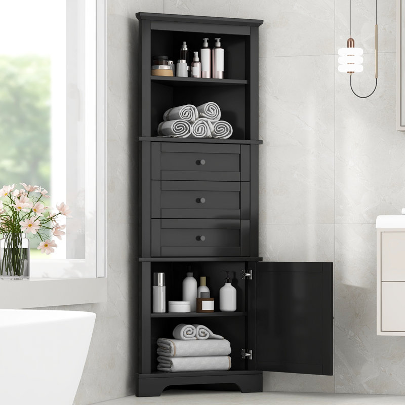Armoire haute Vernessia Triangle avec 3 tiroirs et tablettes réglables pour la salle de bain, Noir, noir, noir, noir
