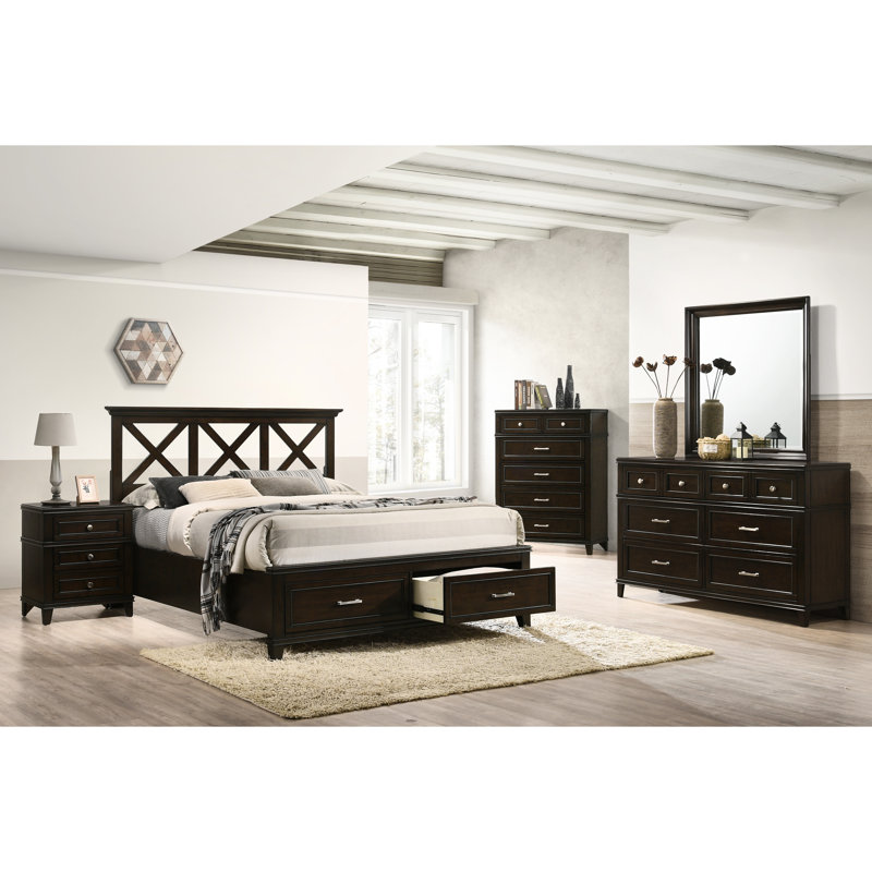 Lit avec très grand lit avec rangement en X - Base en bois massif peuplier, bois d'hévéa, couleur conglomérat