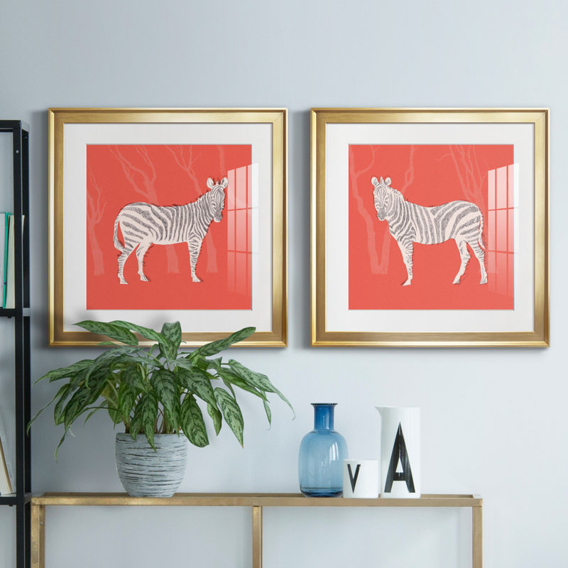 Plains Zebra I - ensemble de 2 peintures encadrées, Papier encadré doré, H 17,5 po x l 35 po x P 1,5 po
