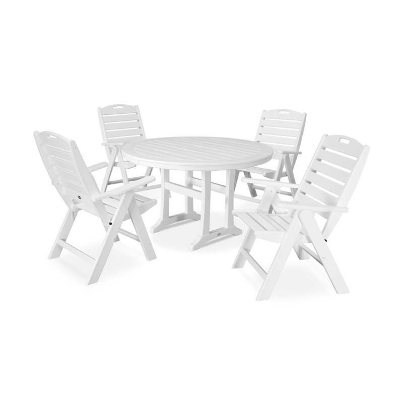 5-Piece Nautical Highback Chair Round Dining Set with Trestle Legs, White