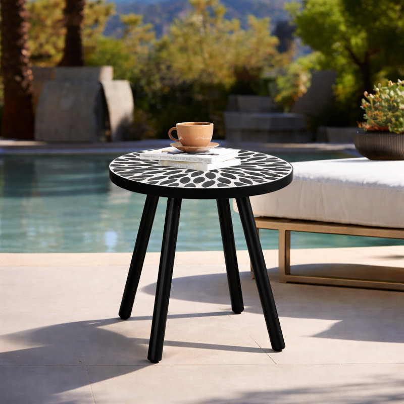 Laure Patio Round Ceramic Tabletop Accent Table with Metal Frame, Indoor Small Decorative Plant Stand & End Table for Home, Patio, Garden
