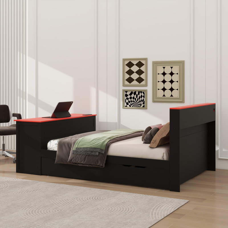 Lit de jour en bois avec lit gigogne, bureau, lumières DEL et port USB, Lit double, Noir / Rouge