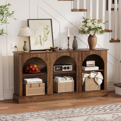 Meuble télé de 63 pouces au design arqué, station de recharge, console à 3 niveaux pour téléviseurs de 65 et 70 pouces, rangement multimédia, salon, entrée
