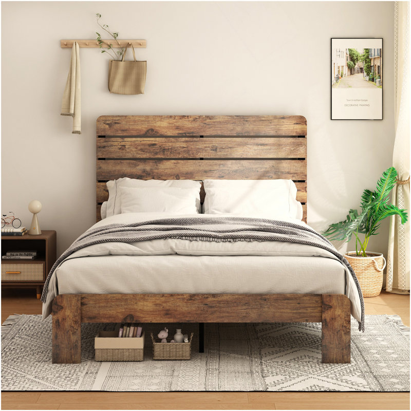 Cadre de lit, cadre de lit plateforme en bois, silencieux, aucun sommier nécessaire et outil d'assemblage facile, grand rangement sous le lit, brun foncé