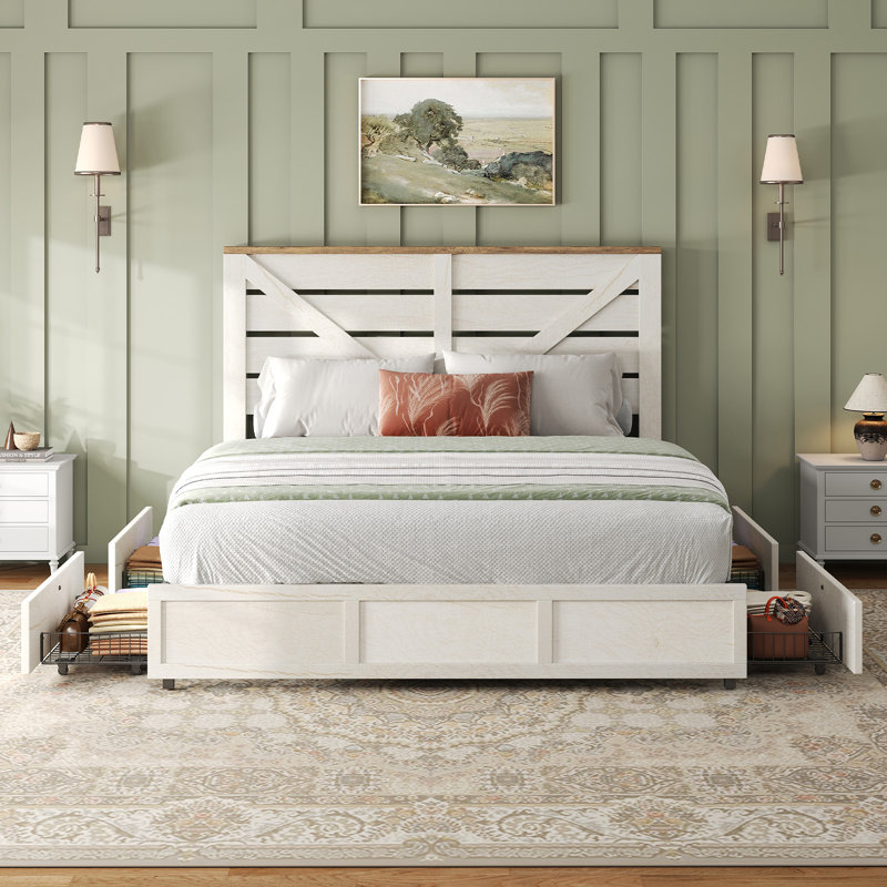  Grand lit plateforme avec porte de grange Revan Farmhouse, Blanc, Grand lit