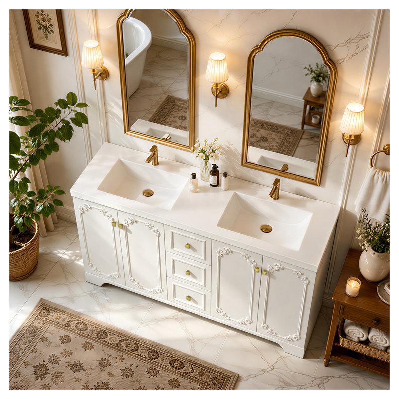 Meuble-lavabo blanc 60 po avec portes à fermeture douce et tiroirs 60 po