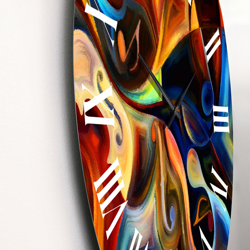Bleu, orange, jaune et dynamique sur fond noir - horloge murale moderne, Petit