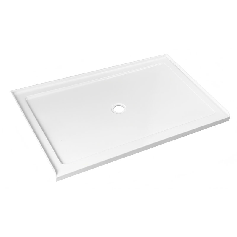 Base de douche rectangulaire 60 po x 36 po, conception à seuil simple en acrylique blanc avec drain central, surface antidérapante