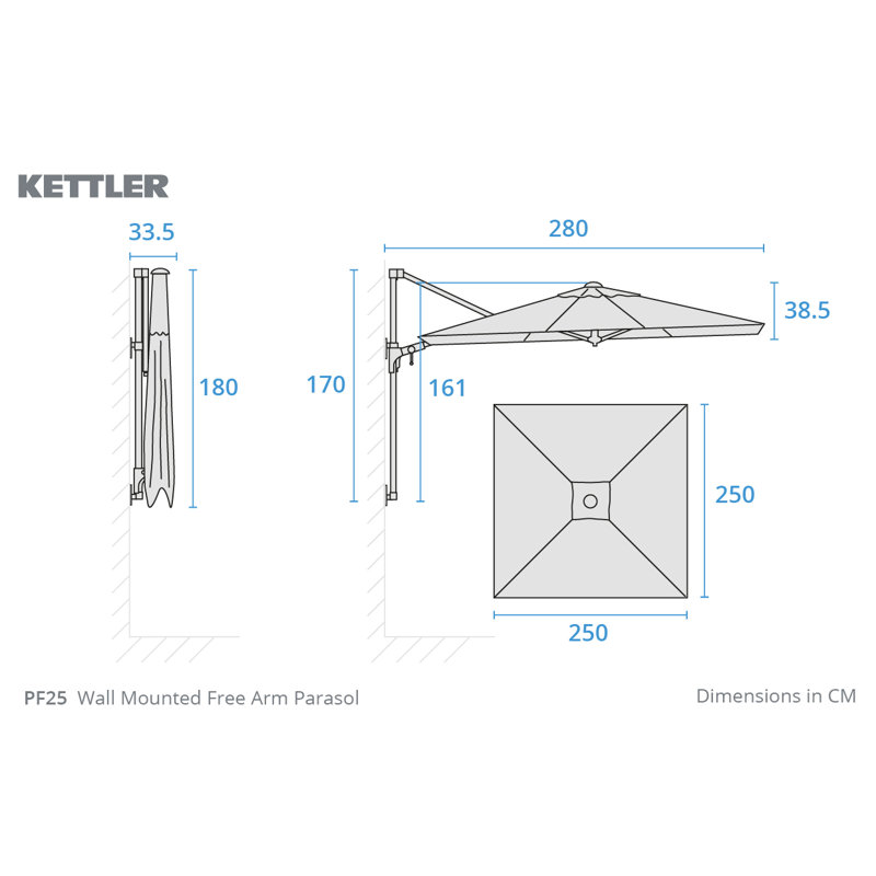 Wall Mounted 2.5M Square Free Arm Parasol, Taupe