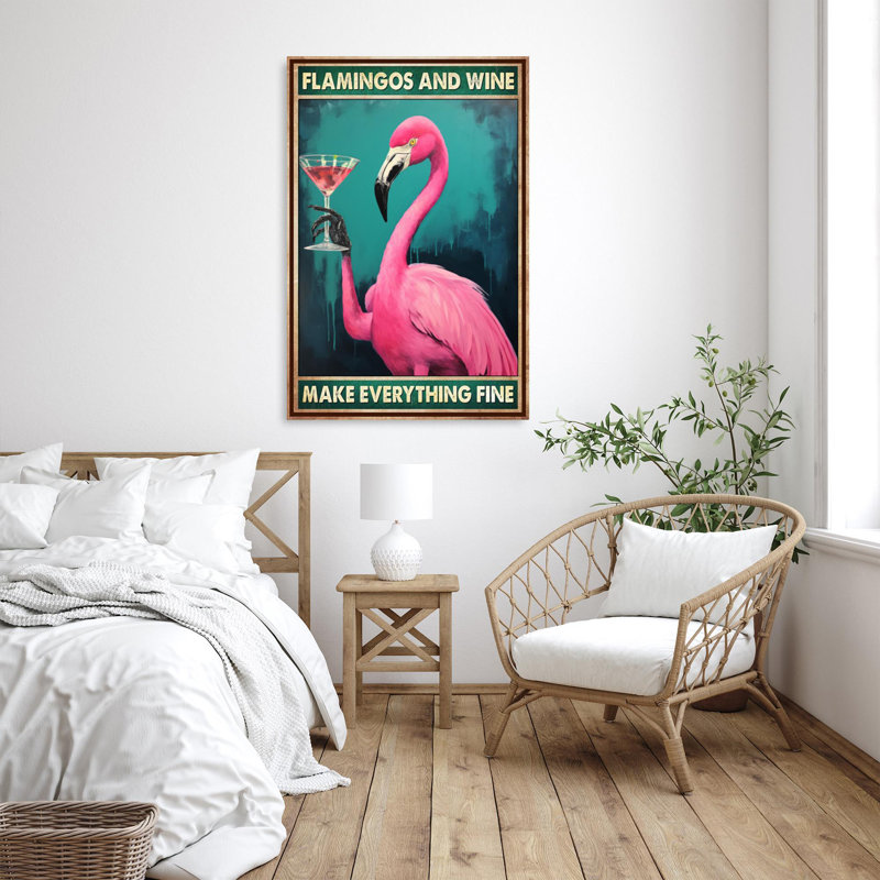 Flamants roses et vin sur toile, H 14 po x l 11 po x P 1,25 po