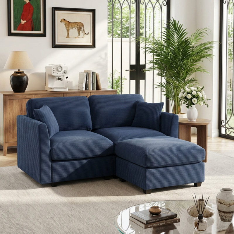 Virgus 62'' Upholstered Corduroy Loveseat With Ottoman, Blue Corduroy
