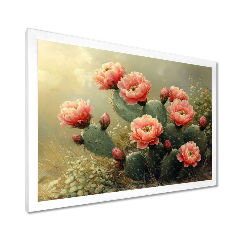 Koti cactus en pleine floraison à l'aube II - art mural cactus, H 24 po x l 32 po, Picture Framed, Blanc