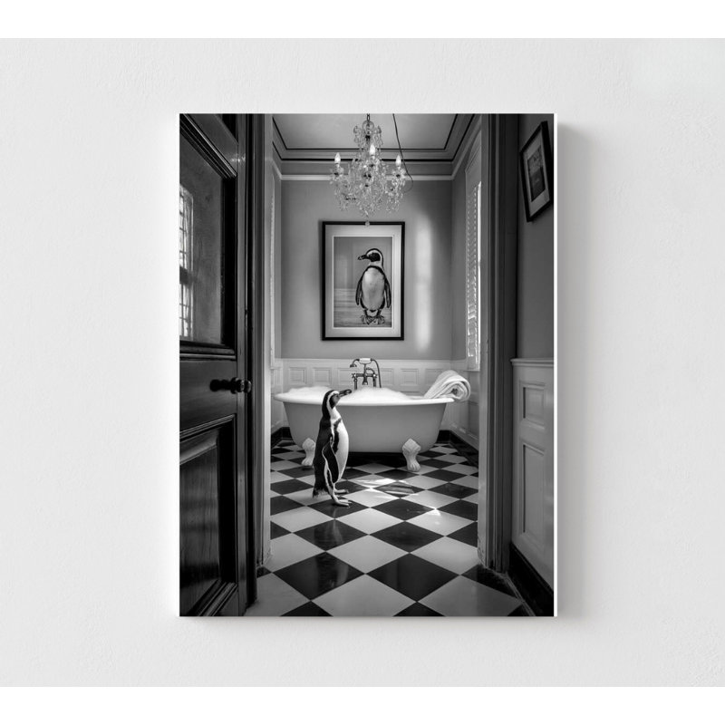 Décoration murale Pingouin : Illustration curieuse à l'heure du bain - Encadrée ou imprimée, 12" H x 16" W, Frameless Print