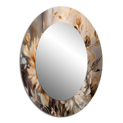 Gold White Chrysanthemum Artistry - Floral Oval Decorative Mirror On Metal