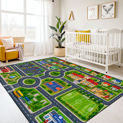 Tapis 8 x 10 pour enfants apprenant les tapis lavables pour la salle de classe, style de dessin animé, route de la ville, aire de jeux, terrain de sport, tapis pour la rentrée scolaire