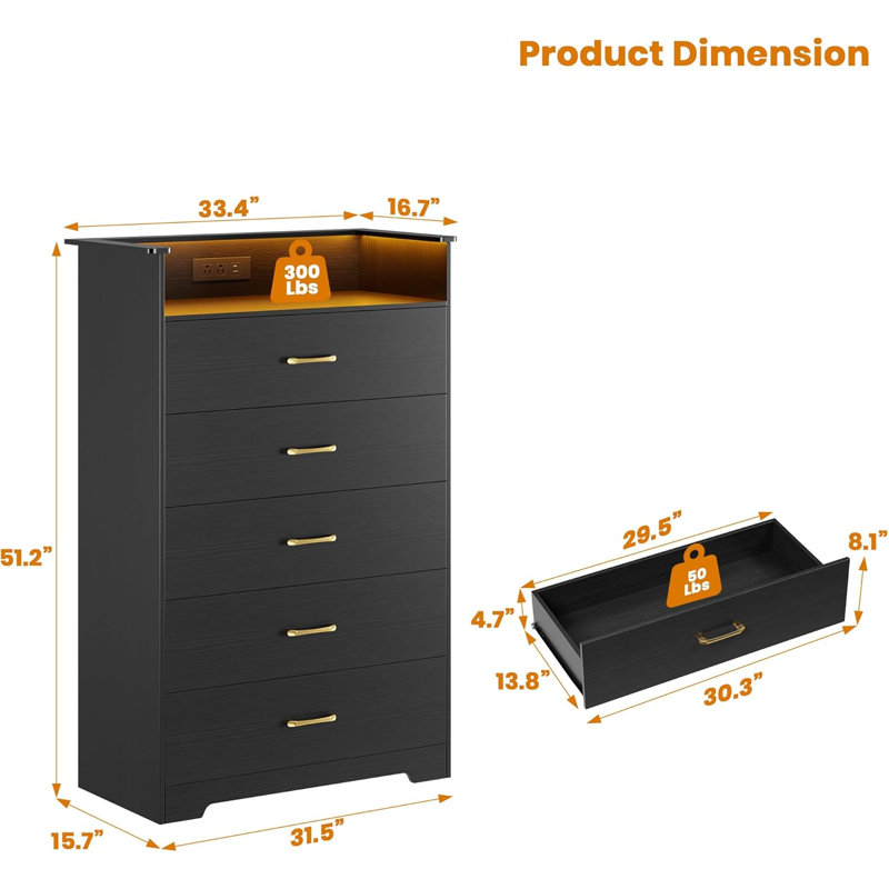 5-Drawer Dresser with LED Lights & Charging Station – 51” Tall Vertical Chest with Open Shelf, Power Outlet & USB Ports – Modern Storage Cabinet for Bedroom, Living Room, Entryway, Black