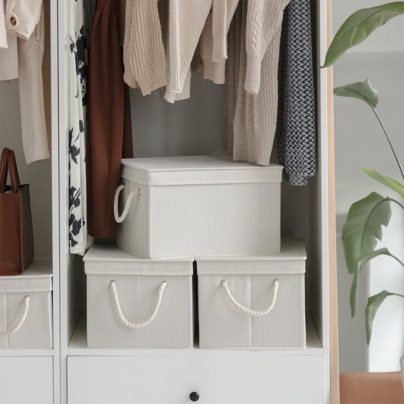 Fabric Storage Bin with Lids and Handles, Organizer Box Set for Closet, Mudroom, Dorm, 10.4" H x 12.8" W x 17.1" D, White