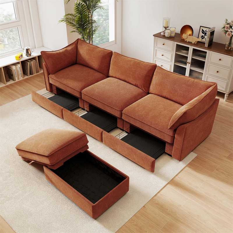 Canapé modulaire en L à 3 places avec repose-pieds mobile, accoudoirs en forme de croissant et coussins enveloppants, tissu chenille doux en orange