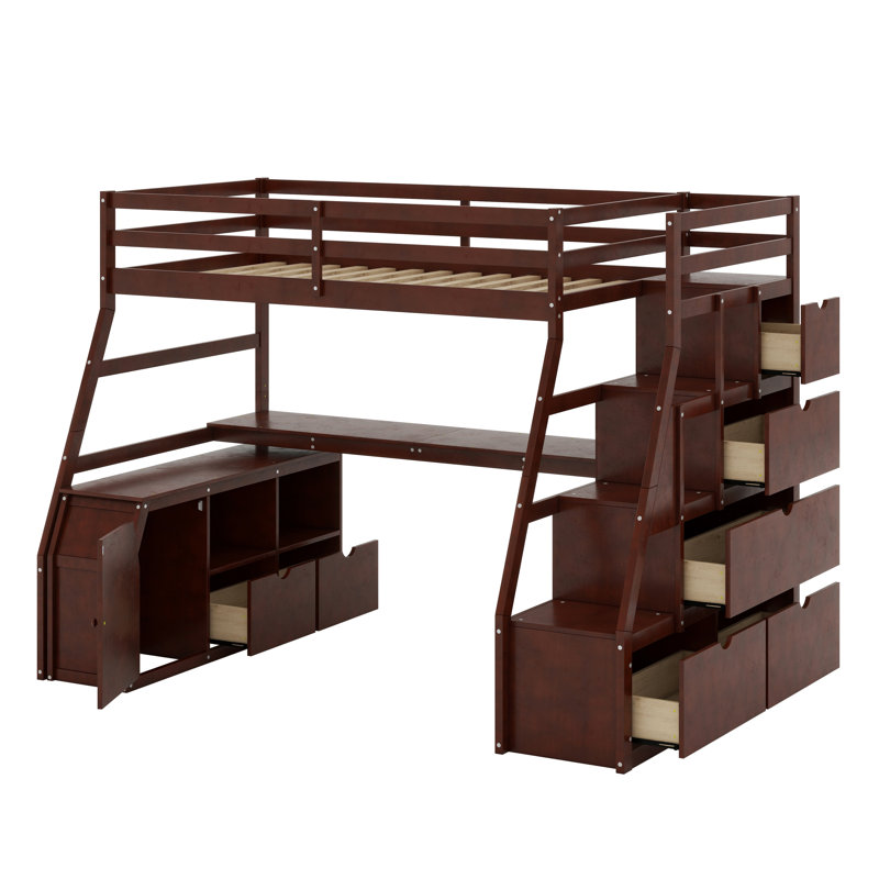 Lit mezzanine avec tiroirs, tablettes et bureau, Espresso