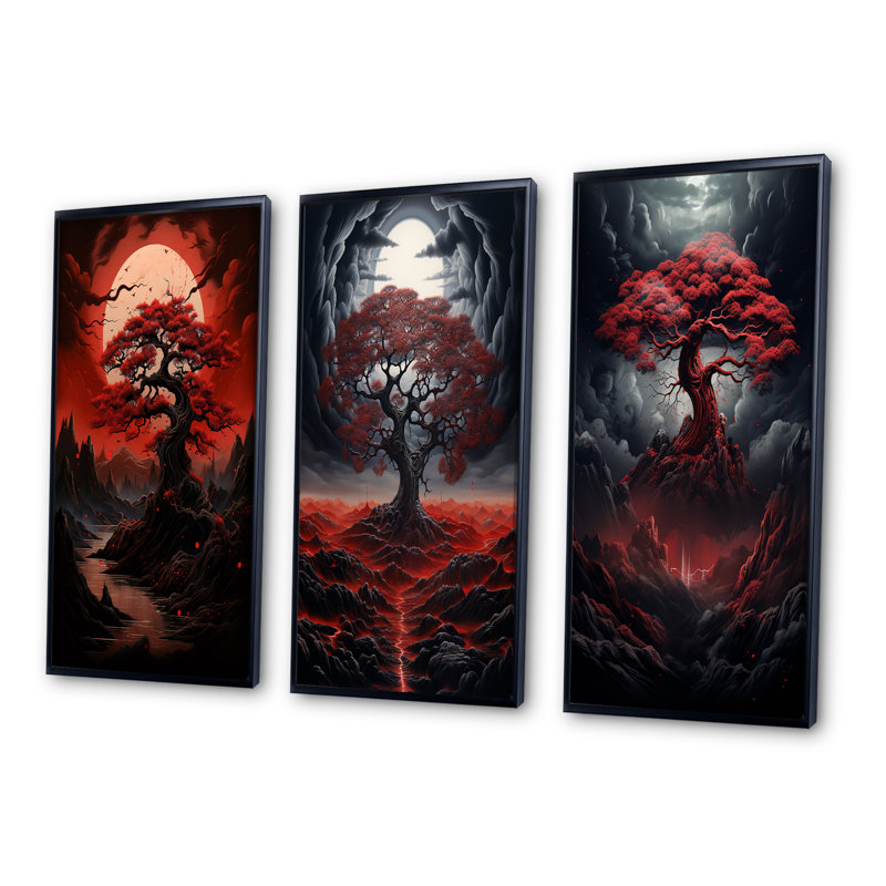 " Occult Red Tree Full Moon Mountain Magic " 3 - Pieces, Black Floater Framed, 40" H x 60" W