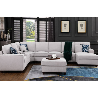 Canapé modulaire rembourré 9 pièces avec 6 coussins décoratifs, revêtement en lin gris, rembourrage en mousse, support pour porte-gobelet, coussins de dossier amovibles pour un nettoyage facile, réarrangement des chaises sans accoudoirs,