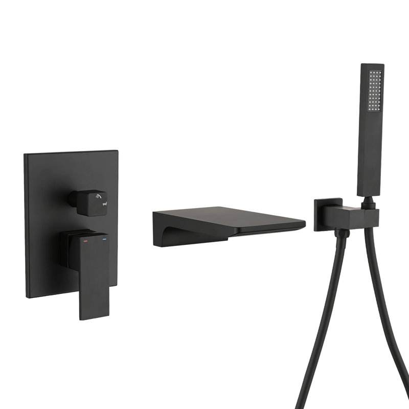 Robinet de baignoire mural mat noir, douche de salle de bain avec douche à main, - robinet de baignoire à soupape équilibrée et finition rouille en noir moderne, avec robinet cascade à poignée simple