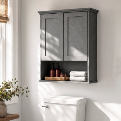 Armoire murale au-dessus de la toilette avec portes à fermeture en douceur, organisateur de rangement de salle de bain texturé en pierre avec tablette réglable et tablette ouverte