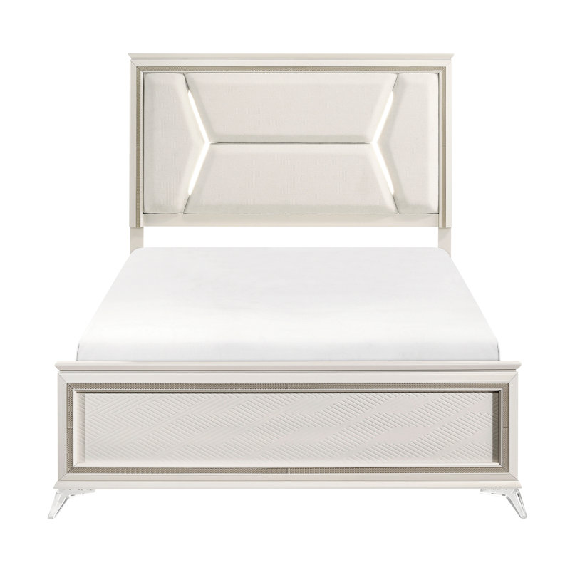 Grand lit moderne avec revêtement en chenille et tête de lit à DEL, qualité or blanc antique, cadre en bois luxueux avec lumières de tête de lit rembourrées, élément