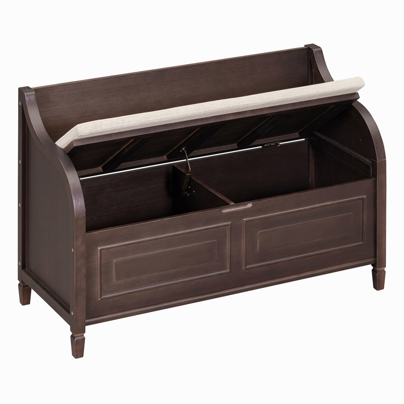 Banc de rangement rustique en bois massif avec charnière de sécurité et coussin beige, Brun