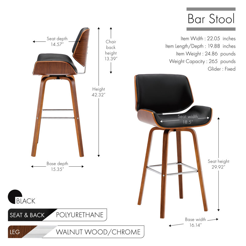 Derrion 76cm Swivel Faux Leather Bar Stool, Black