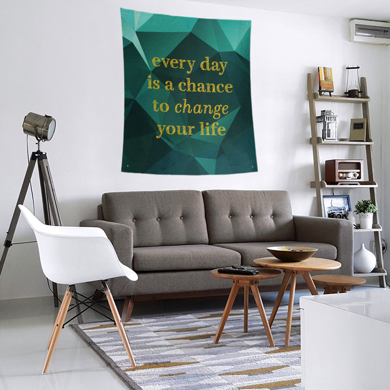 Tapisserie de polyester, changer votre citation à vie, H 104 po x l 88 po, Émeraude / doré