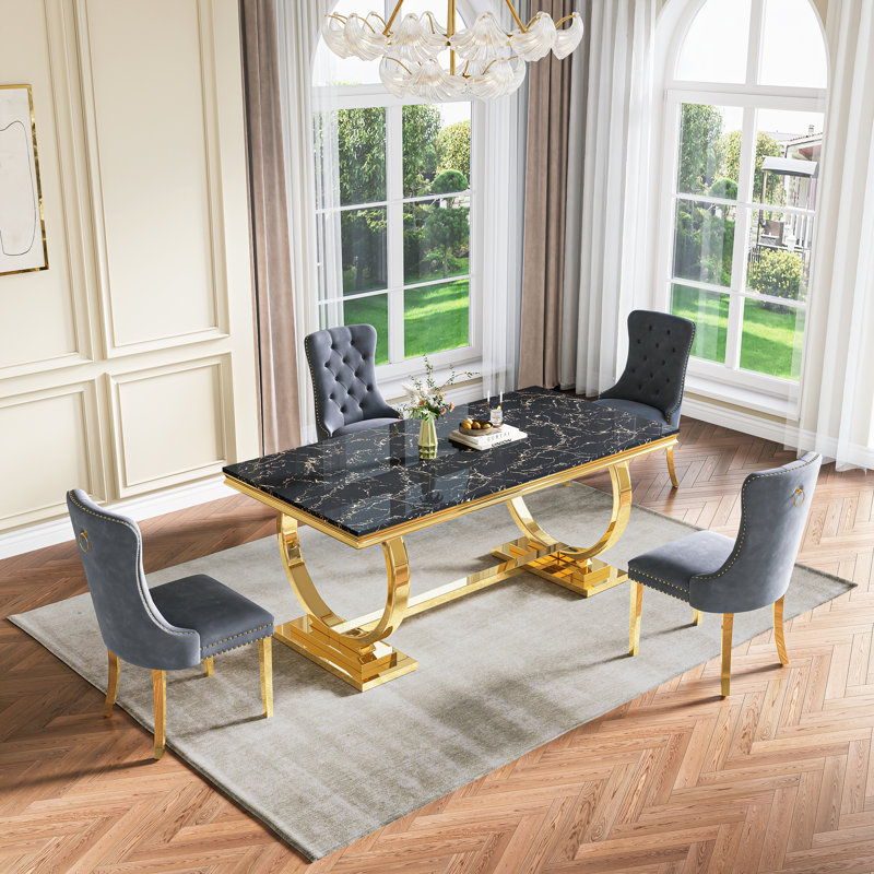 Rectangular 70.1"L X 35"W Dining Set, Gris/doré, Noir et or, 5 pièces: table, 4 chaises