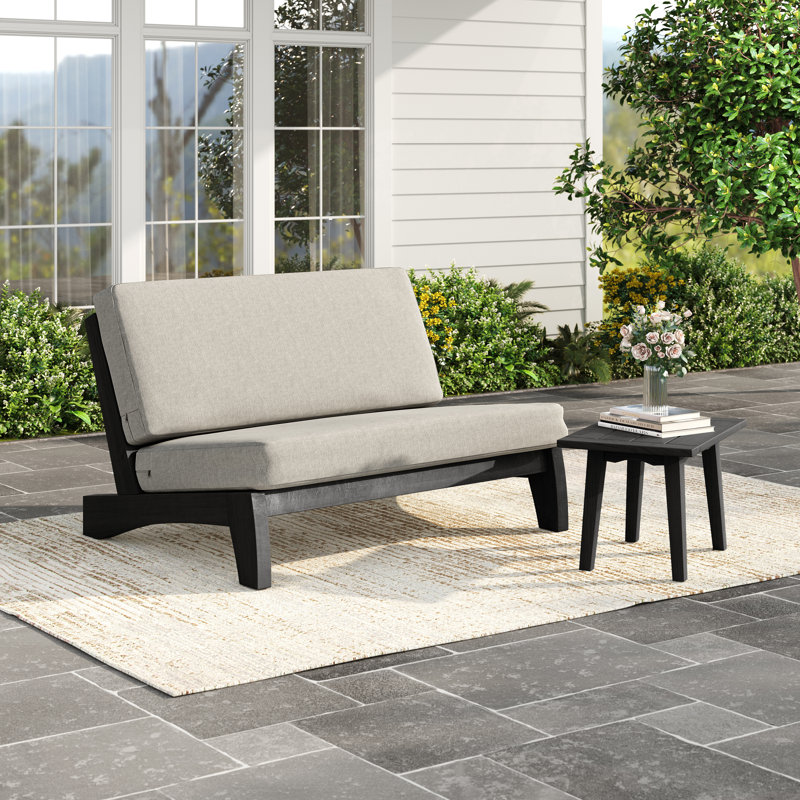 Bratches Outdoor Conversation Set Solid Wood Group With Loveseat And Side Table, Light Camel, Black