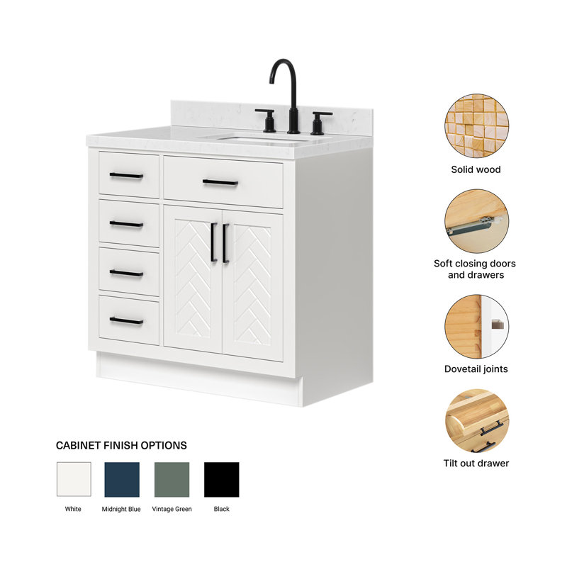 Meuble-lavabo rectangulaire rectangulaire droit décalé à chevrons 36 pouces avec comptoir en quartz blanc Carrara blanc
